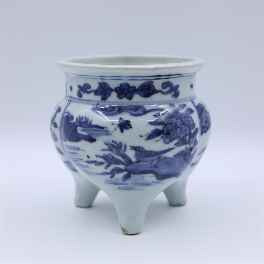 古董/古玩/瓷器/青花花鸟纹鬲式炉LOT3849-中1/老物件