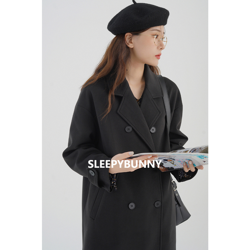 D瞌睡兔【清苍】黑色毛呢大衣女秋冬气质赫本风西装领长款外套16643