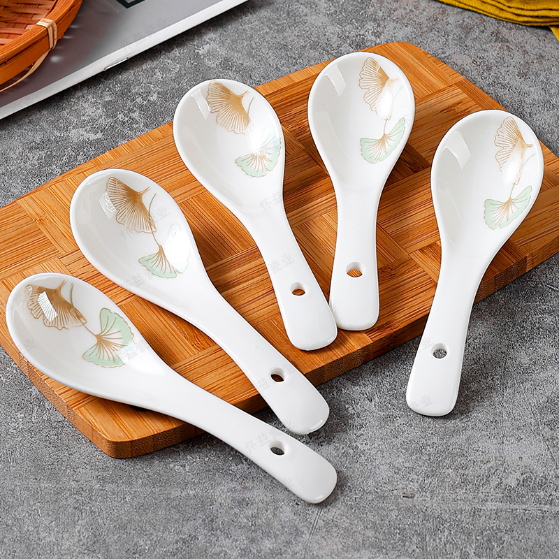 银杏时光小勺10只家用陶瓷吃饭喝汤调羹喝粥瓷饭勺炉盛汤汤匙