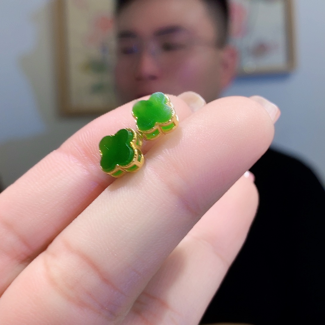 和田玉（碧玉）耳饰银S925镀金镶嵌