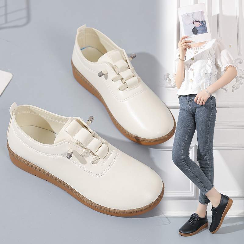 牛筋底懒人一脚蹬防水防滑厨房鞋女士平底四季工作鞋妈妈休闲皮鞋