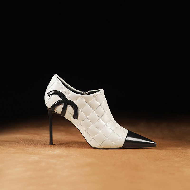 小香风尖头单鞋真皮细跟深口女鞋春季新款时髦高跟鞋真皮及踝靴