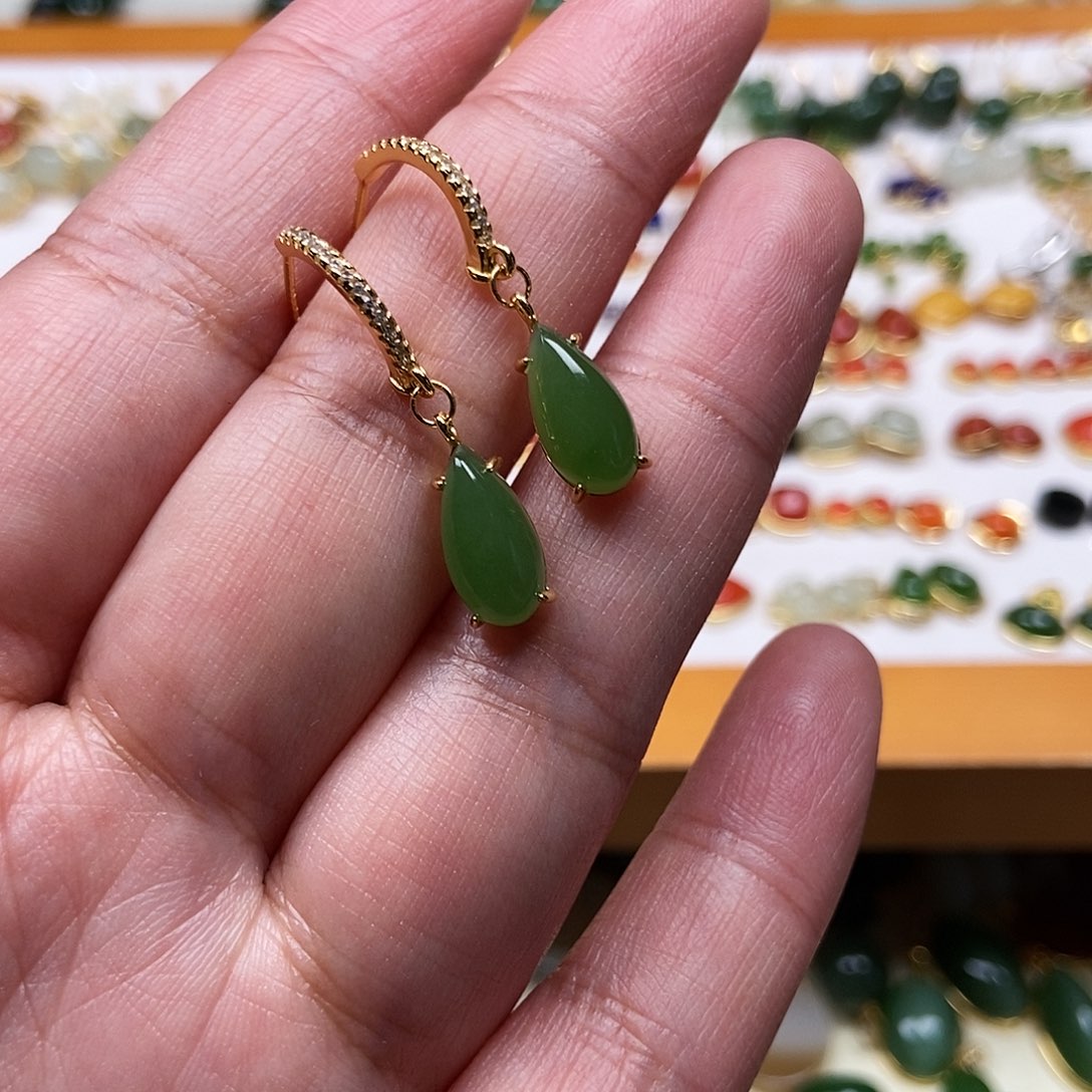 和田玉耳饰银S925镶嵌