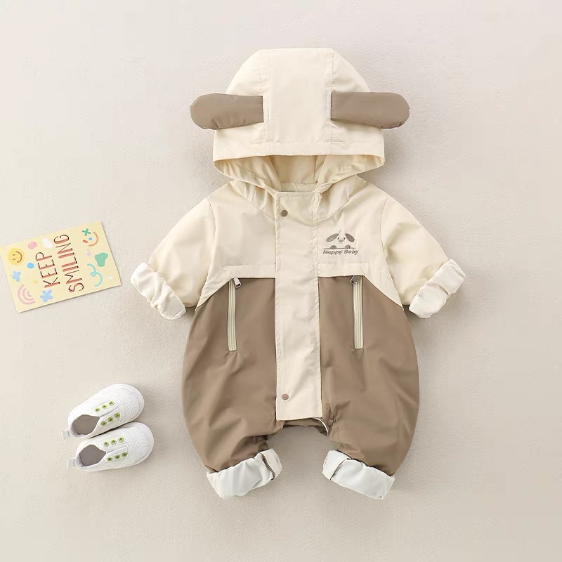宝宝春秋装连体衣新生儿小狗连帽冲锋衣外套婴儿春季防风外出哈衣