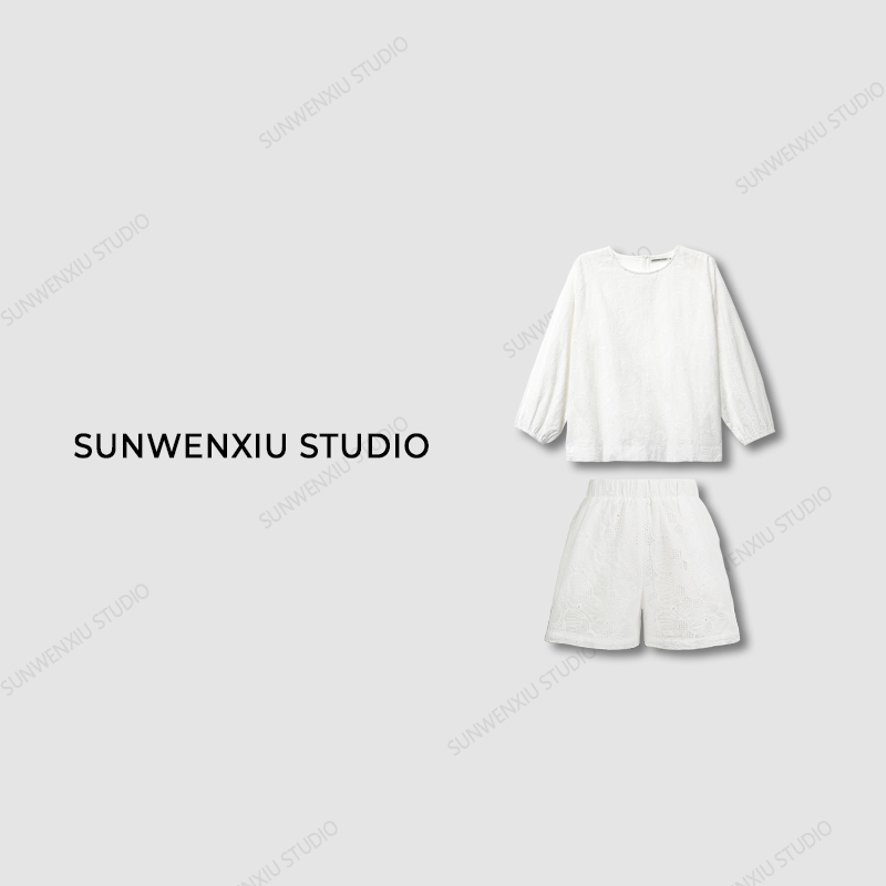 swx studio2店 “清冷小白花”100%全棉重工绣花夏季套装