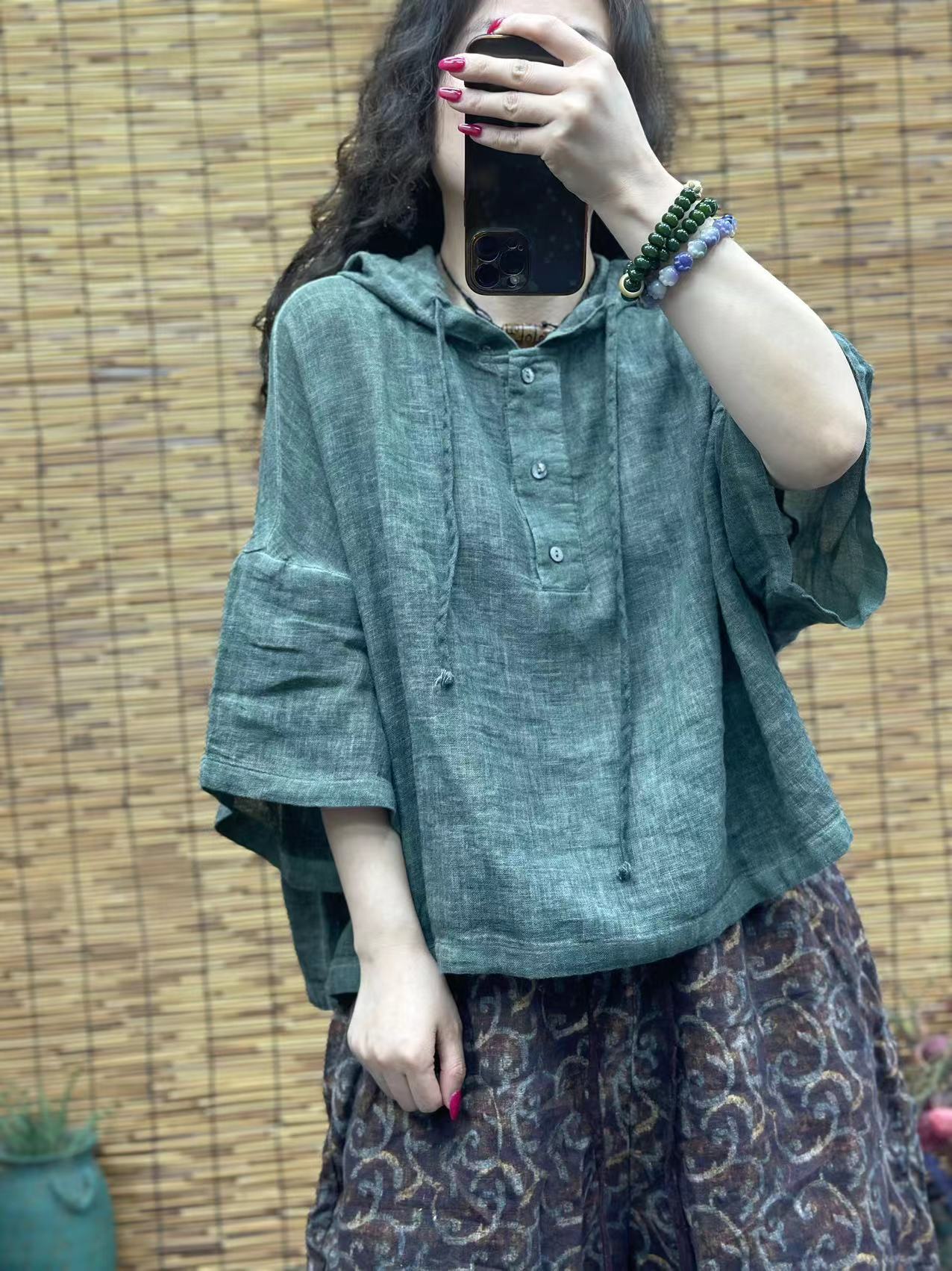 HY    2577净色棉麻半开连帽上衣