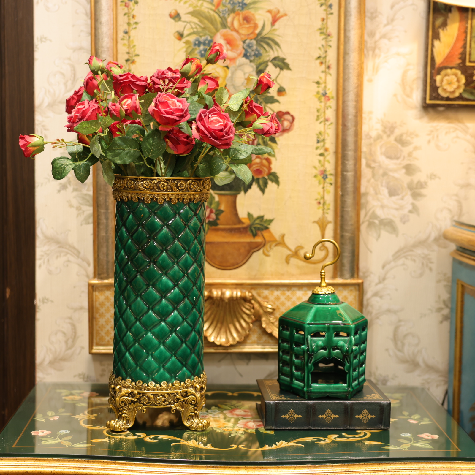 知潇家居/祖母绿花器摆件/创意陶瓷/精美中式/玄关摆设/手工艺