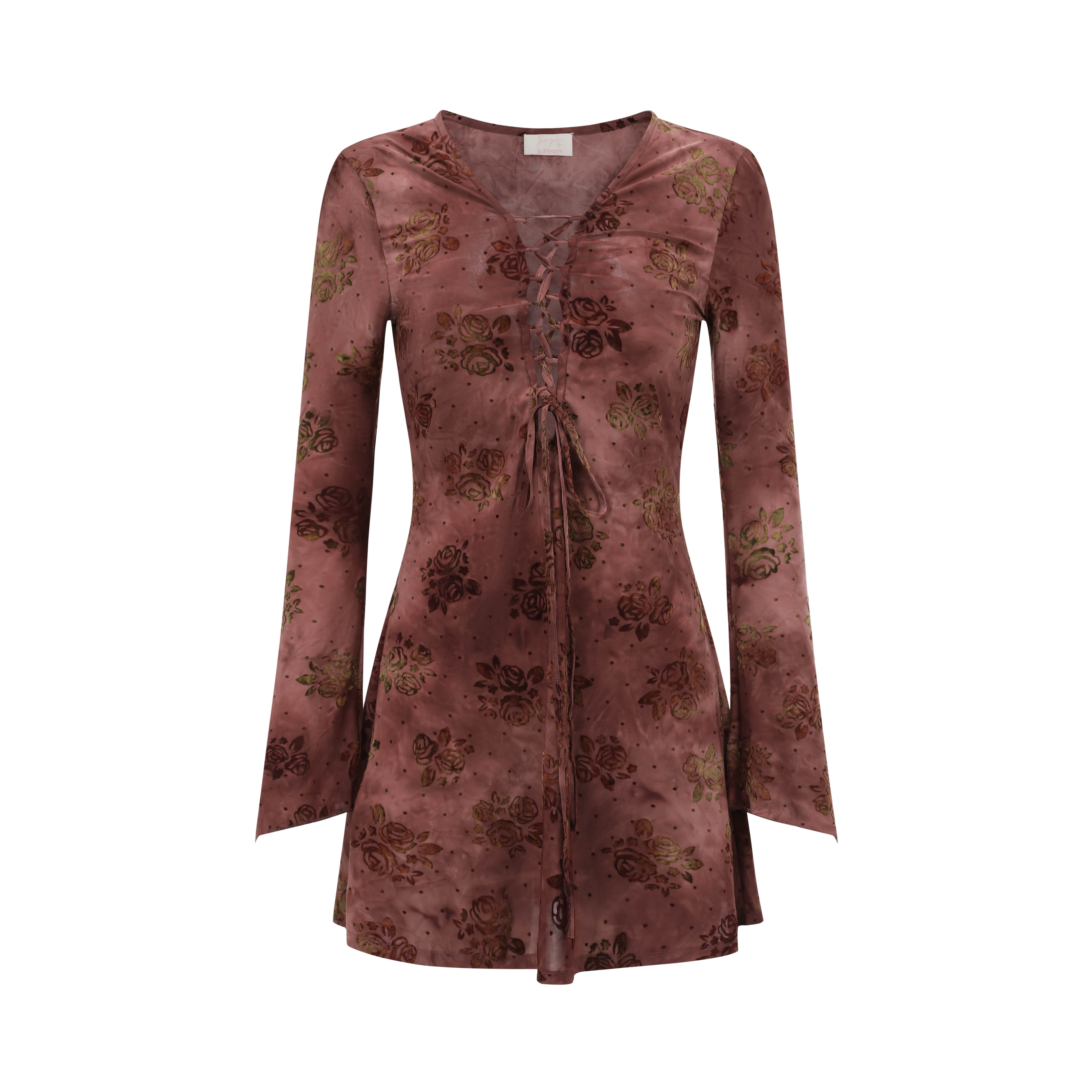 yeye by b.Fleurs新款法式复古风烧花工艺微喇短款修身绑带连衣裙