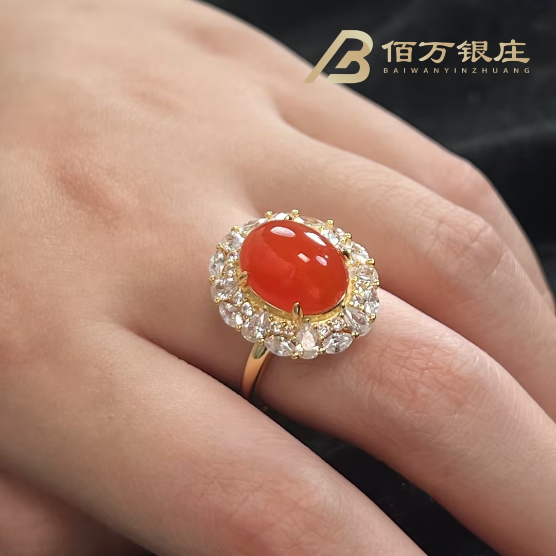 【佰万银庄】南红璀璨气质戒指轻奢镶嵌时尚精美冰红经典2025新款