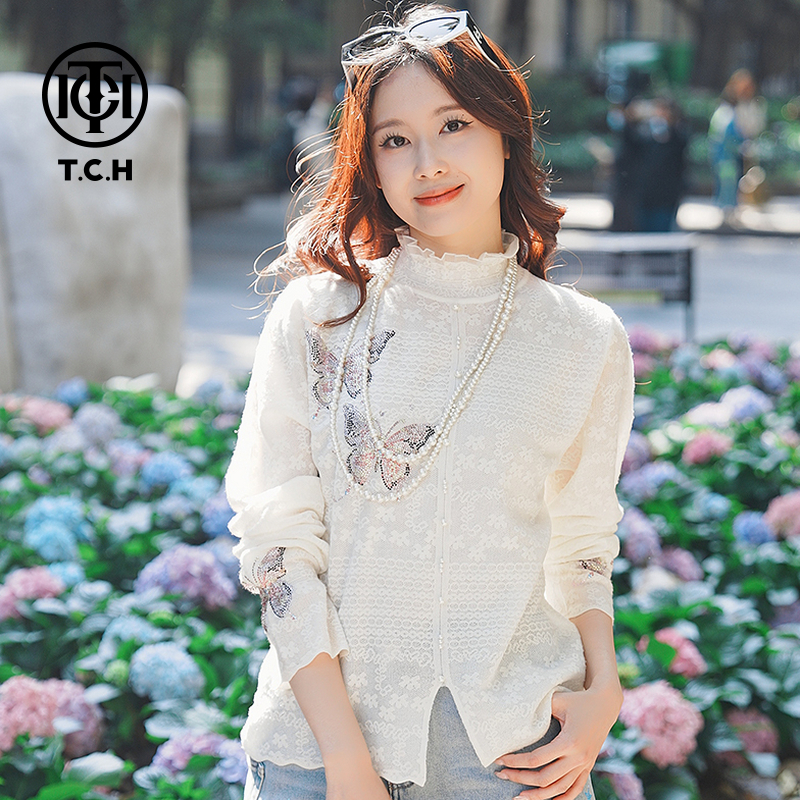 TCH轻奢烫钻工艺蝴蝶白色高领长袖毛针织衫女T72C09E5166私服tch