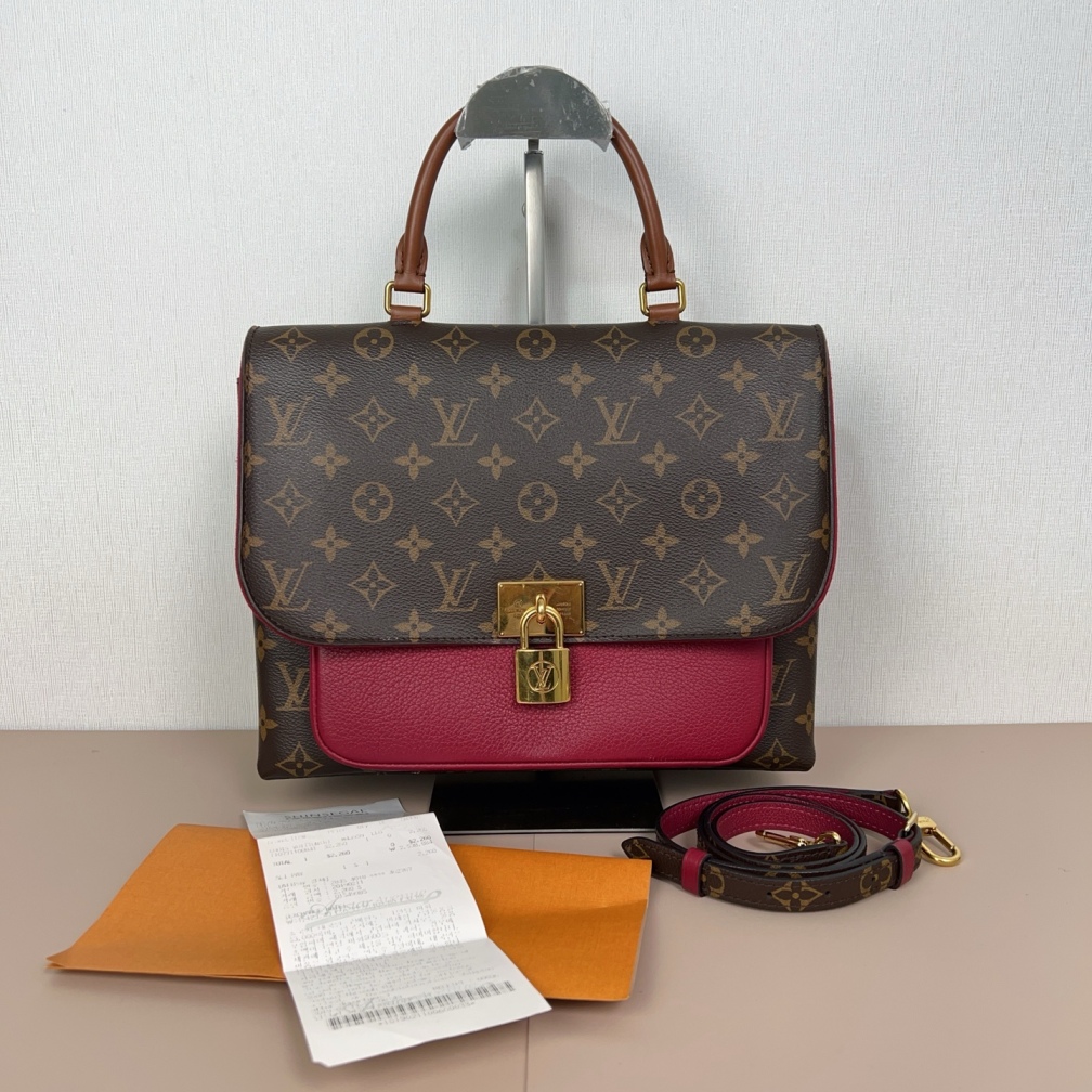 95新 LouisVuitton/路易威登 lv老花拼皮锁头单肩包拼红a9961