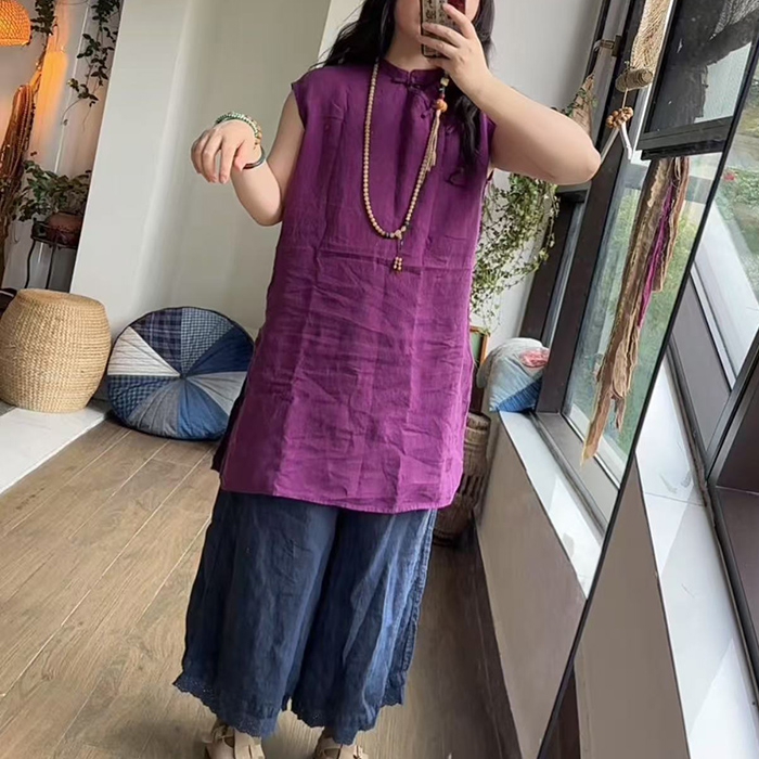 小秋推荐 宽松圆领短袖百搭长款休闲亚麻连衣裙 5165