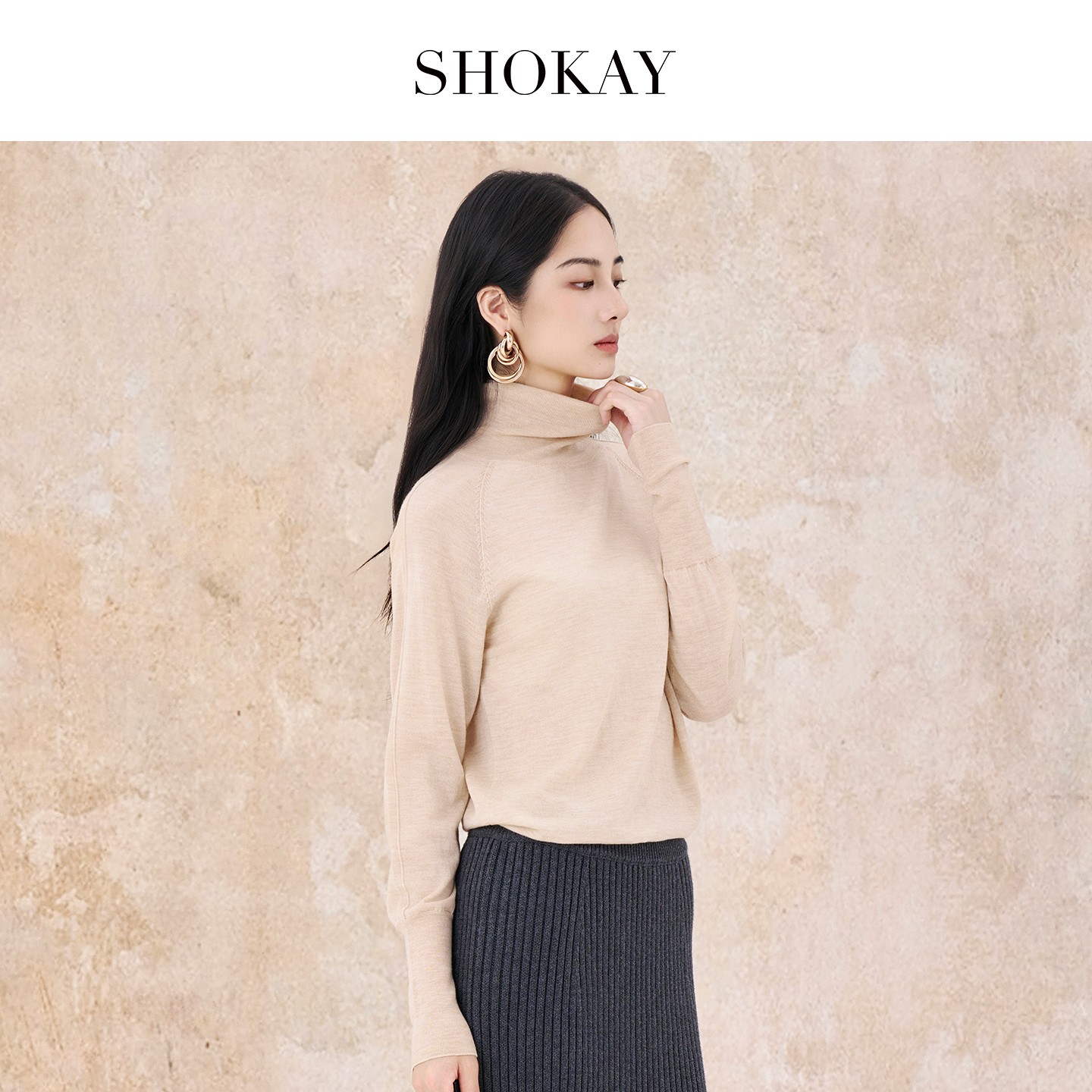 SHOKAY【60支10%牦牛绒打底】25秋冬新品140S超细羊毛高领针织衫