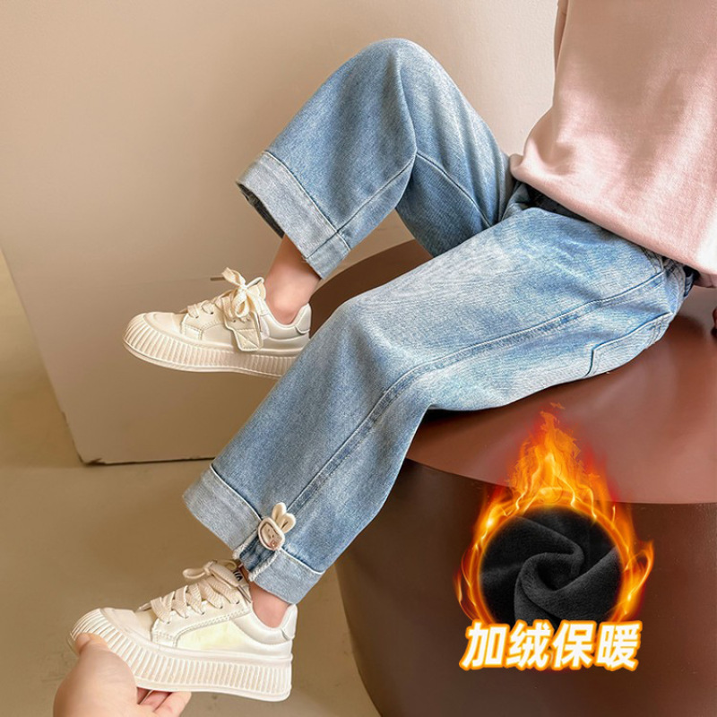 女童秋冬牛仔裤新款中小童女孩冬季加绒一体绒冬季女童加绒牛仔裤