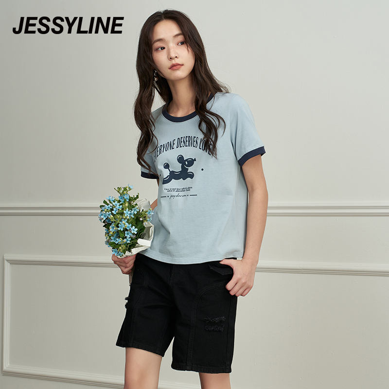 1734【刘一昂专属】杰茜莱流行短袖t恤女夏季正肩上衣 jessyline