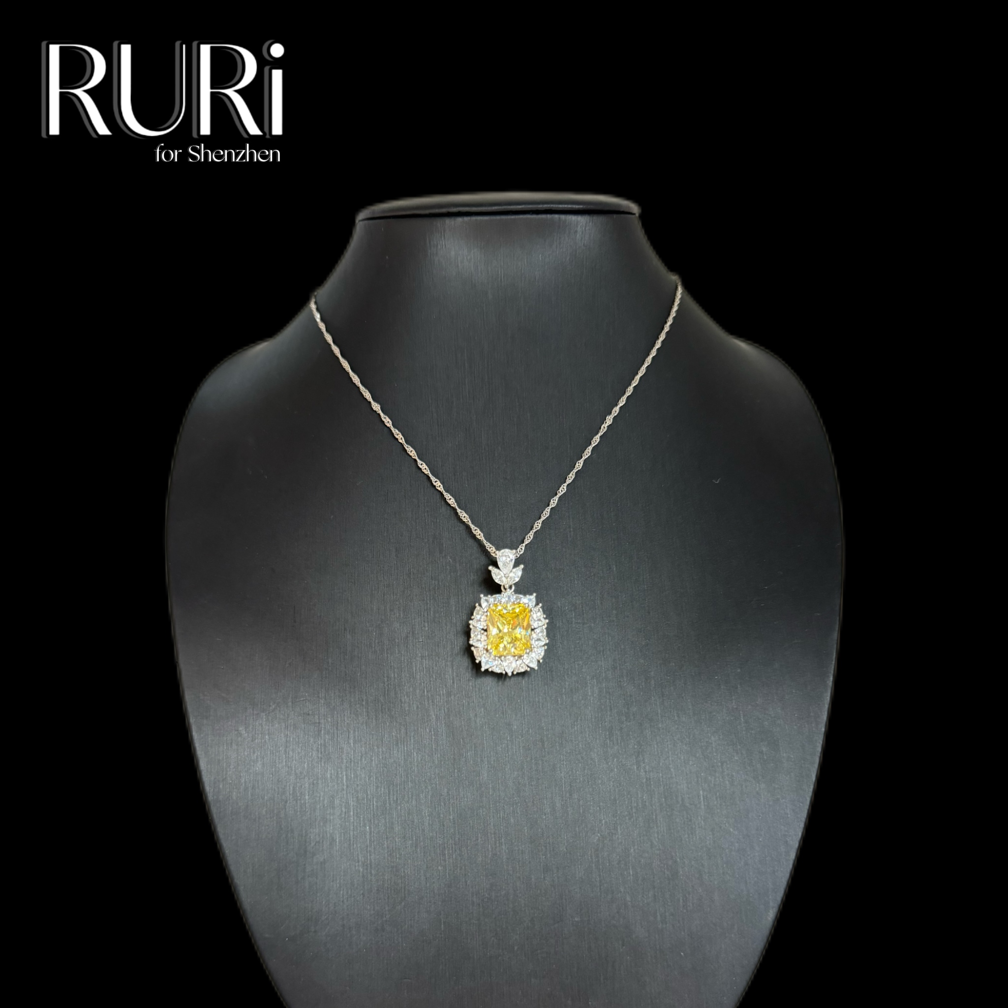 坠链均925银合成锆石 RURI 简约时尚方形镶嵌白边石项链 A0336