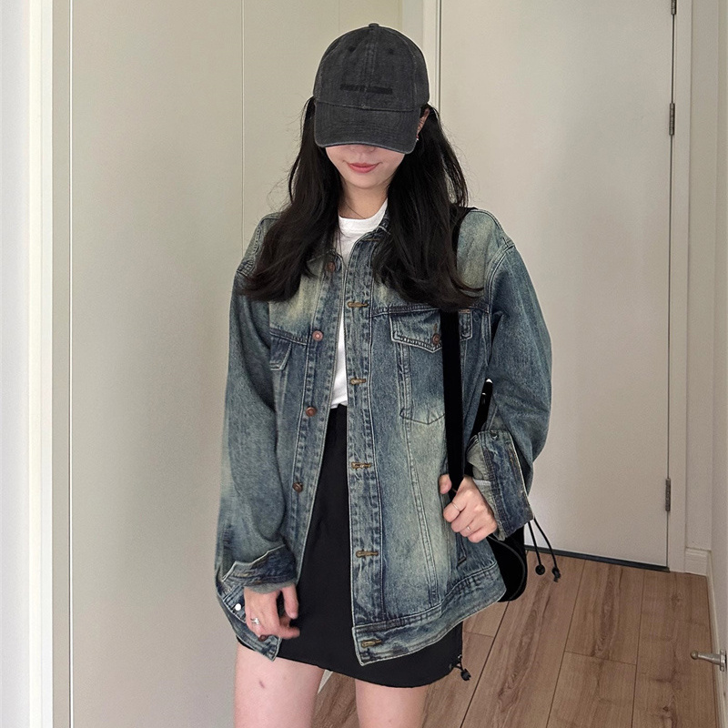 复古网红牛仔外套女士春秋季欧货新款设计感小众宽松时尚夹克上衣