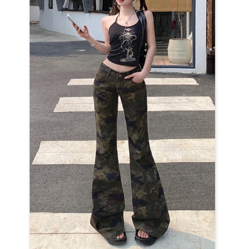 美式低腰简约感迷彩牛仔裤女夏季辣妹痞雅设计感显瘦微喇叭工装裤