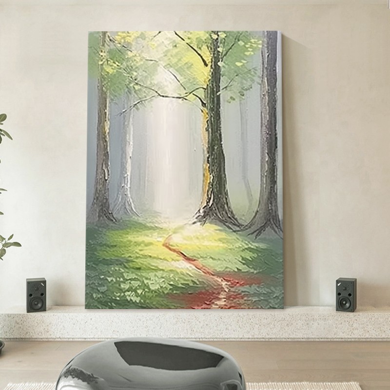 玄关入户树林阳光风景壁画客厅手绘肌理装饰画大芬油画村大幅挂画