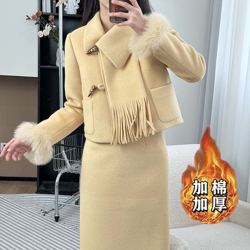 【加棉加厚两件套】牛角扣套装女2025冬季冬季小香风加绒加厚套装