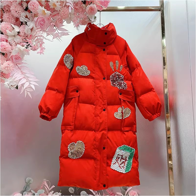 A680欧美设计师2025早春新款重工钉珠刺绣亮片字母连帽棉服外套女