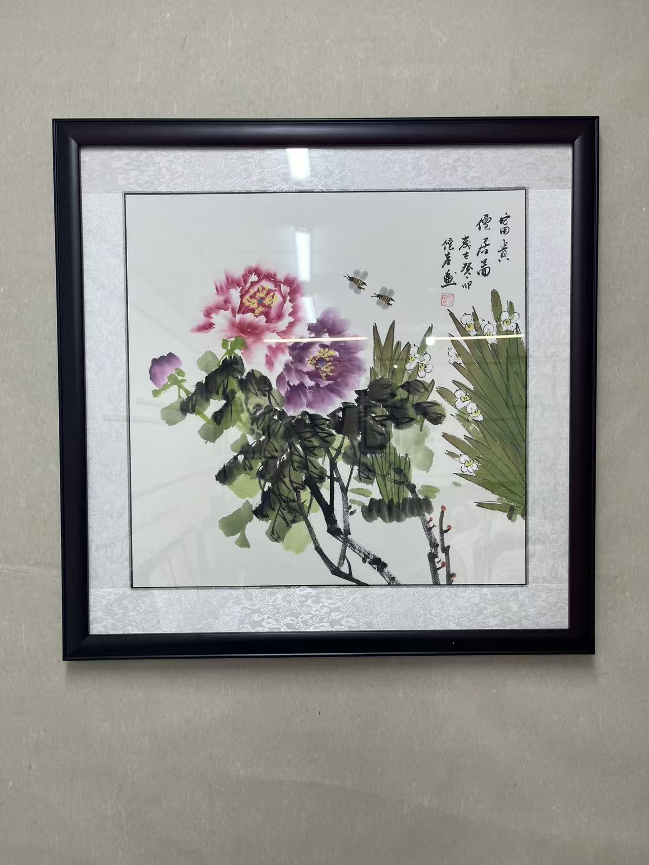 国画带框花开富贵牡丹画斗方适合餐厅客厅玄关装饰65*65