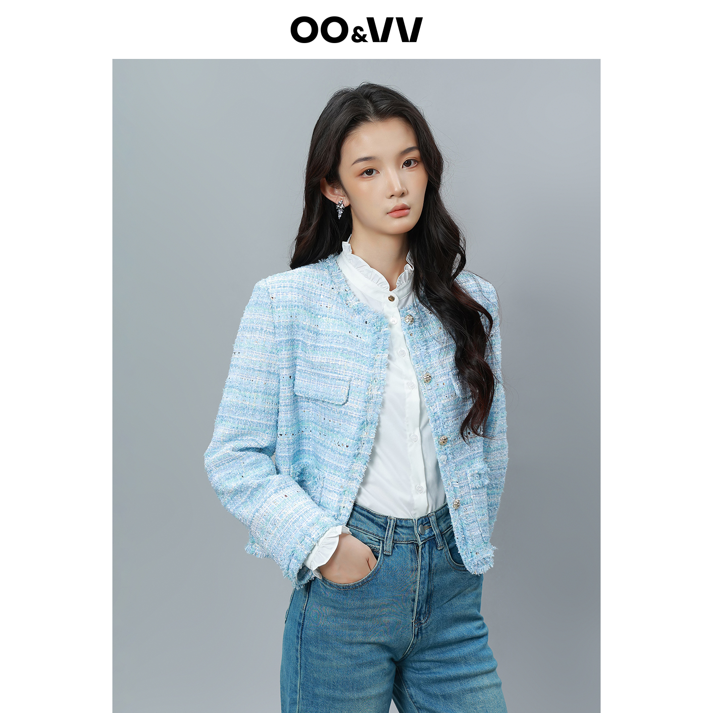 OO&VV单排扣2025秋冬蓝色小香风圆领短款春季短外套秋季休闲