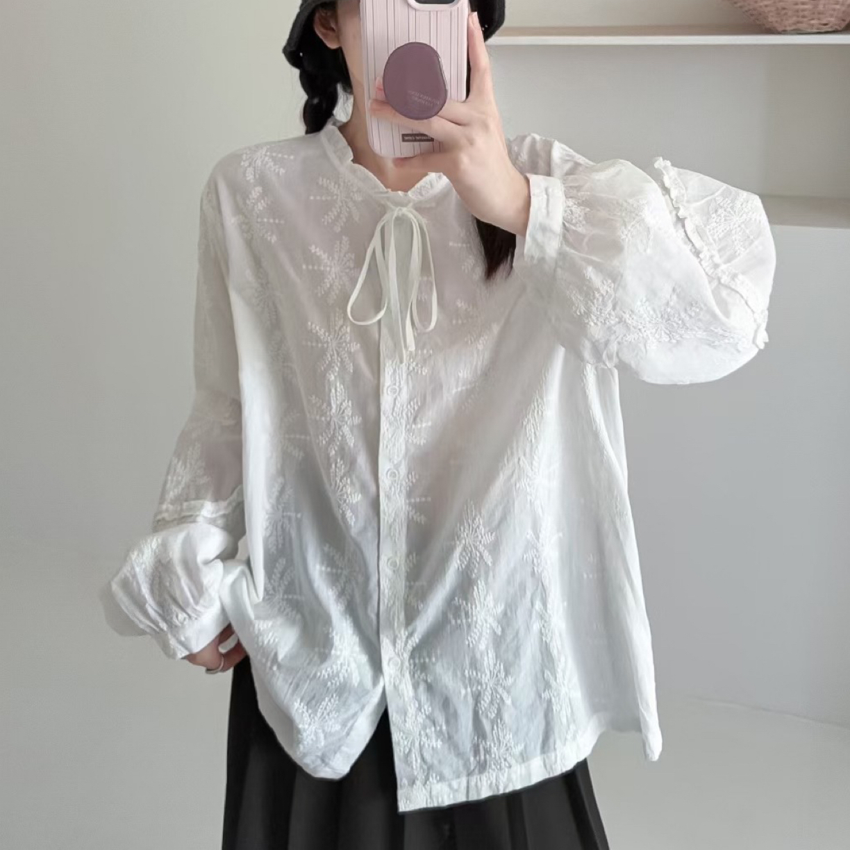 法式重工刺绣长袖衬衫文艺清新甜美系带领减龄百搭宽松女款