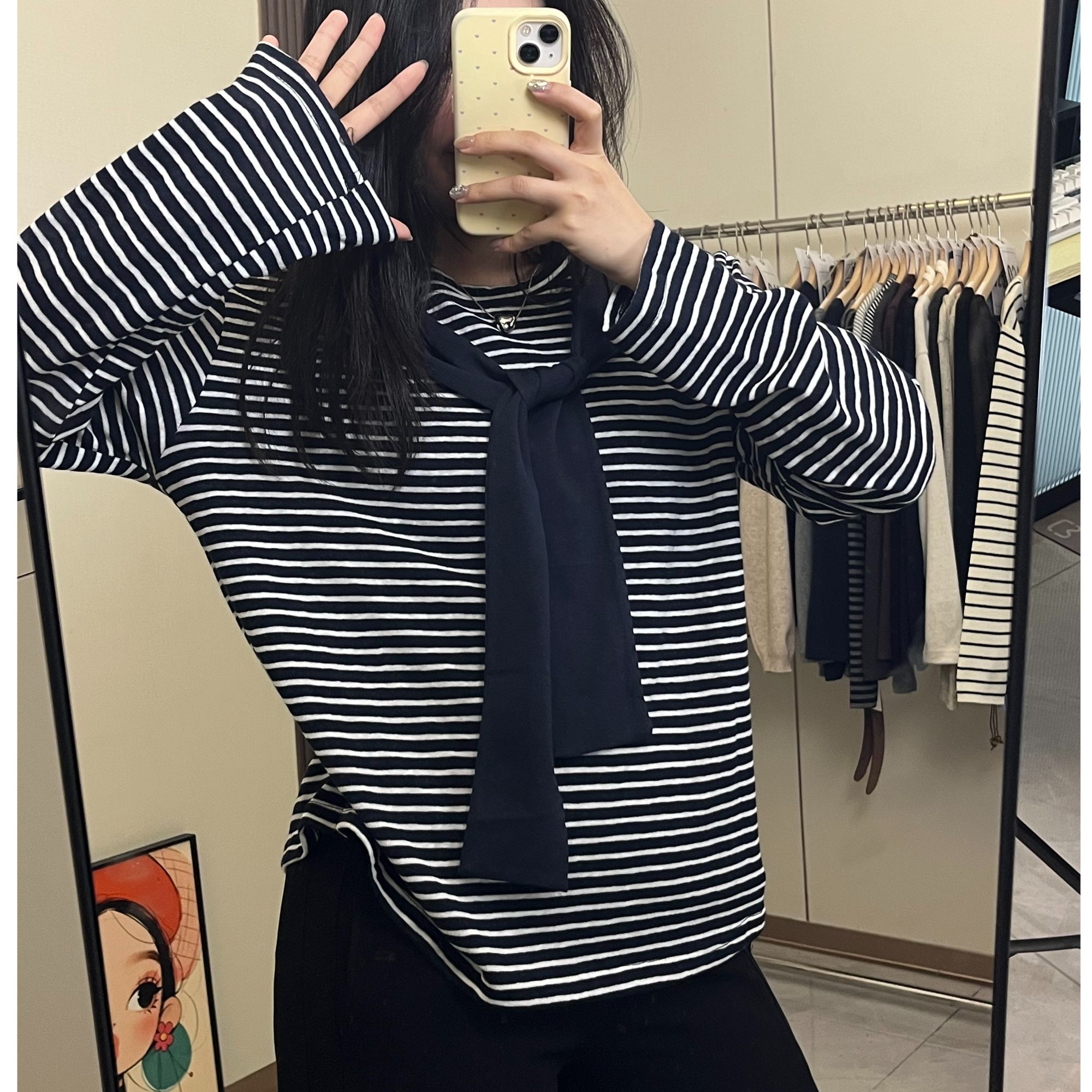 【洋小洋】绑带圆领条纹女常规款宽松型T恤秋季黑白ins宽松长袖