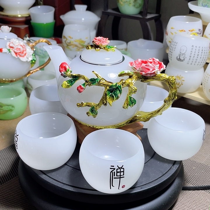 琉璃中式珐琅彩牡丹花一壶六杯礼盒套装