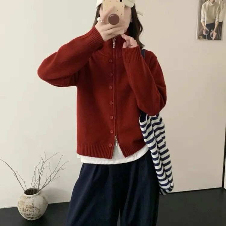 小乔家秋冬立领纽扣拉链针织开衫毛衣