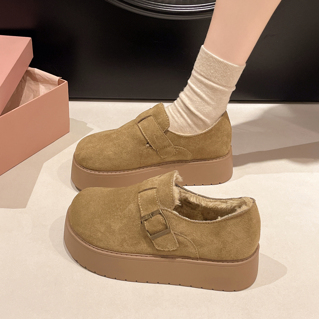 大码女鞋41一42胖脚宽肥全包勃肯鞋女厚底加绒保暖一脚蹬雪地棉鞋