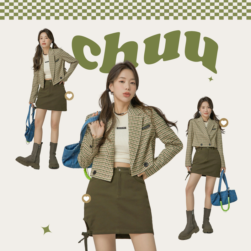 【达人专属】CHUU设计感小众格子短款小西装-Q