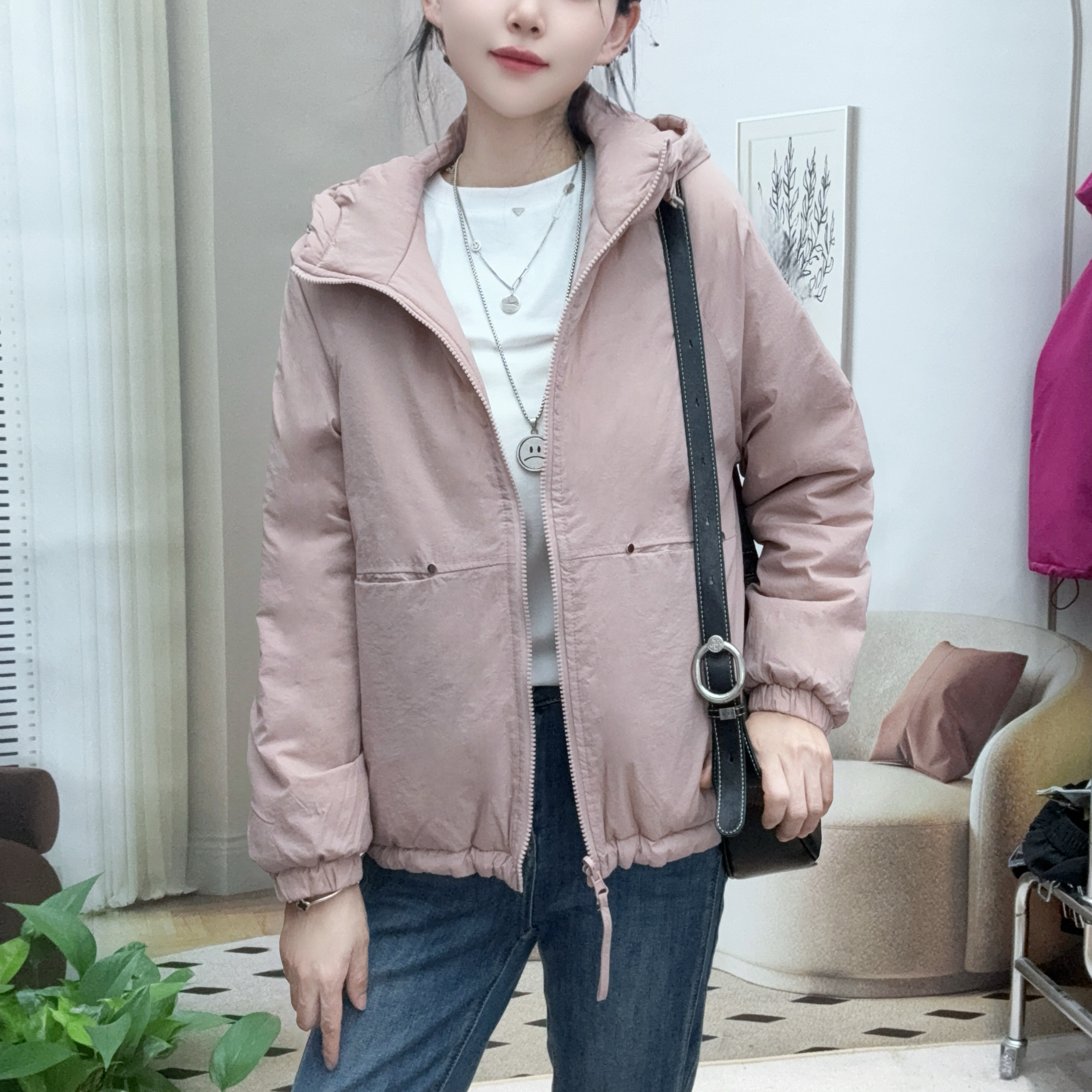 17#秋冬2025年 连帽休闲长袖薄棉防水面轻薄里外双面穿女装小棉袄