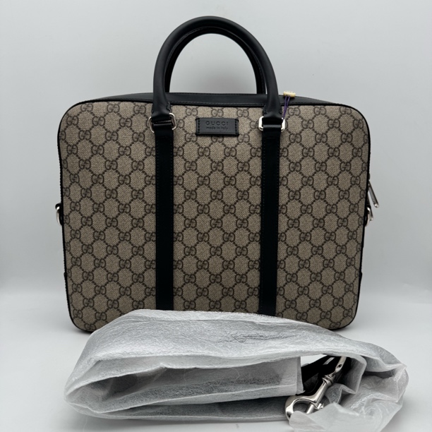 99新 GUCCI/古驰 98新棕花拼皮手提公文包/男士2668