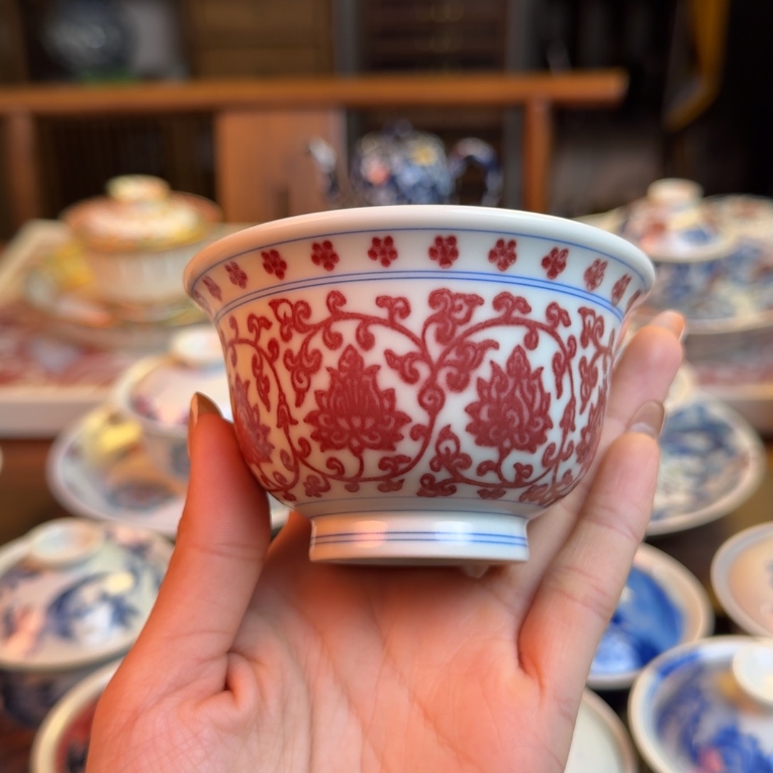 杯重工釉里红压手杯，纯手绘