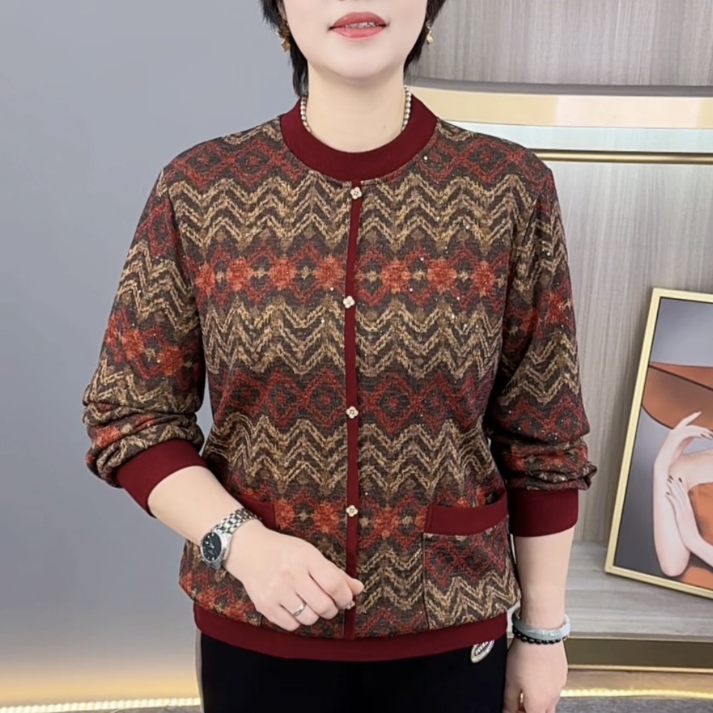 秋冬新款加绒保暖中老年妈妈装时尚印花显瘦减龄长袖上衣H9888