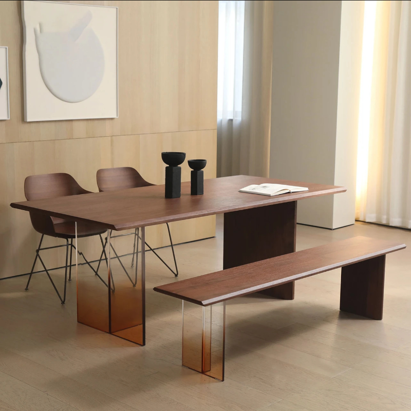 北美黑胡桃木亚克力悬浮实木餐桌书桌茶桌简约家用长条大桌奶油风