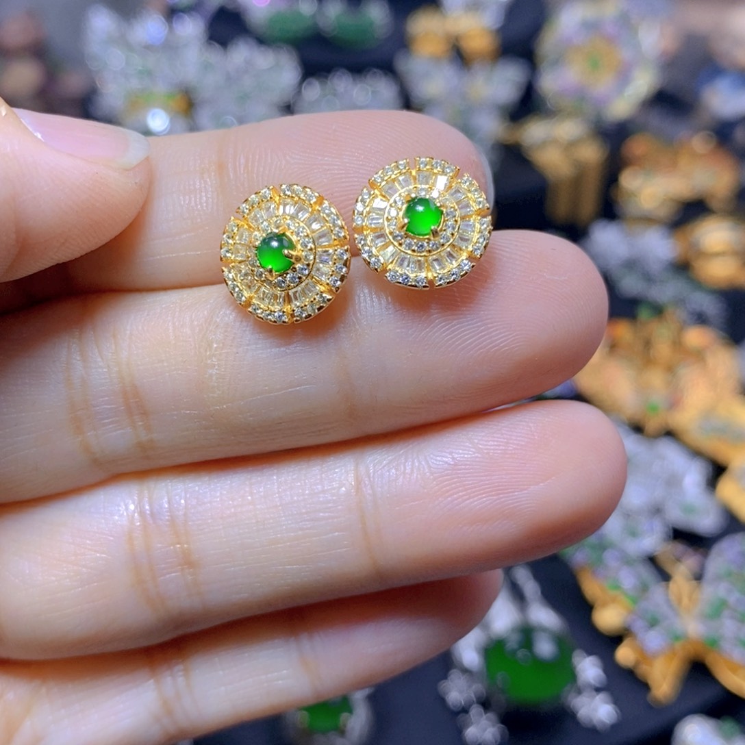 翡翠耳钉银S925镶嵌天然翡翠