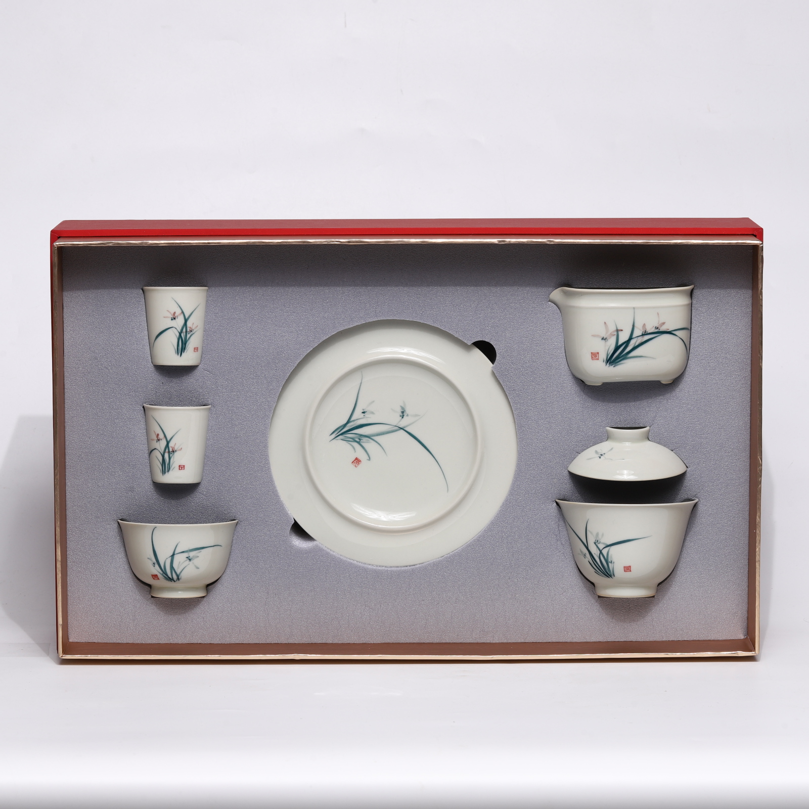 何白龙窑 柴烧 釉下手绘 老瓷泥 兰花二才盖碗套装  HBLY-015