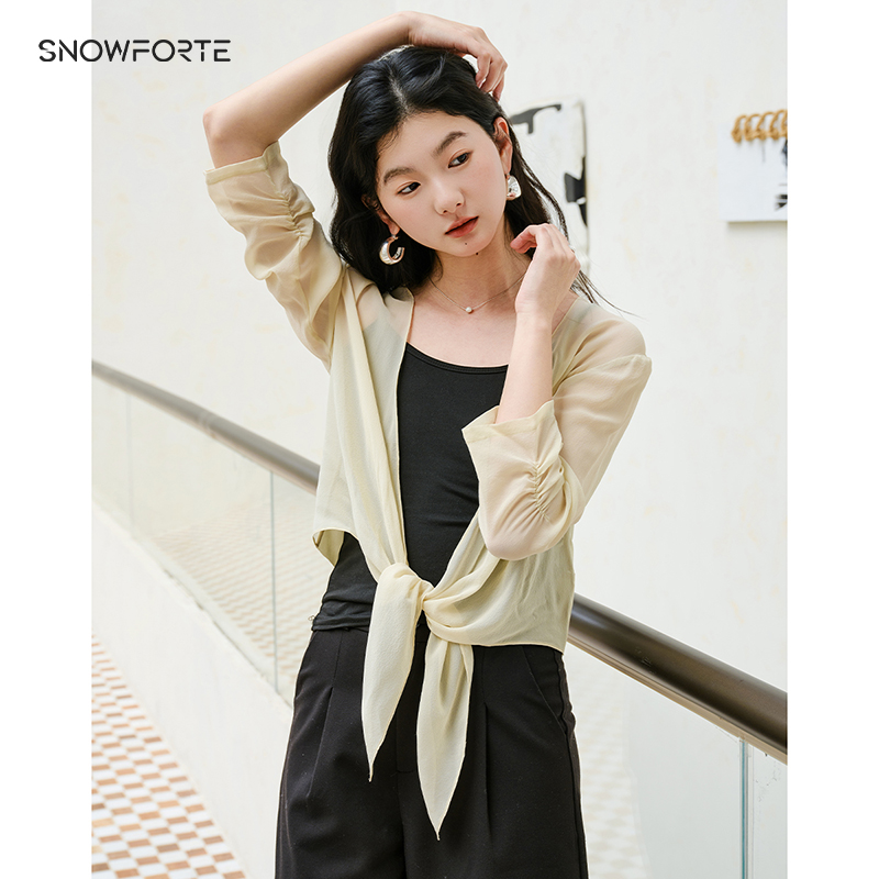 【雅然老师专享】思诺芙德薄款桑蚕丝纯色短款系带开衫
