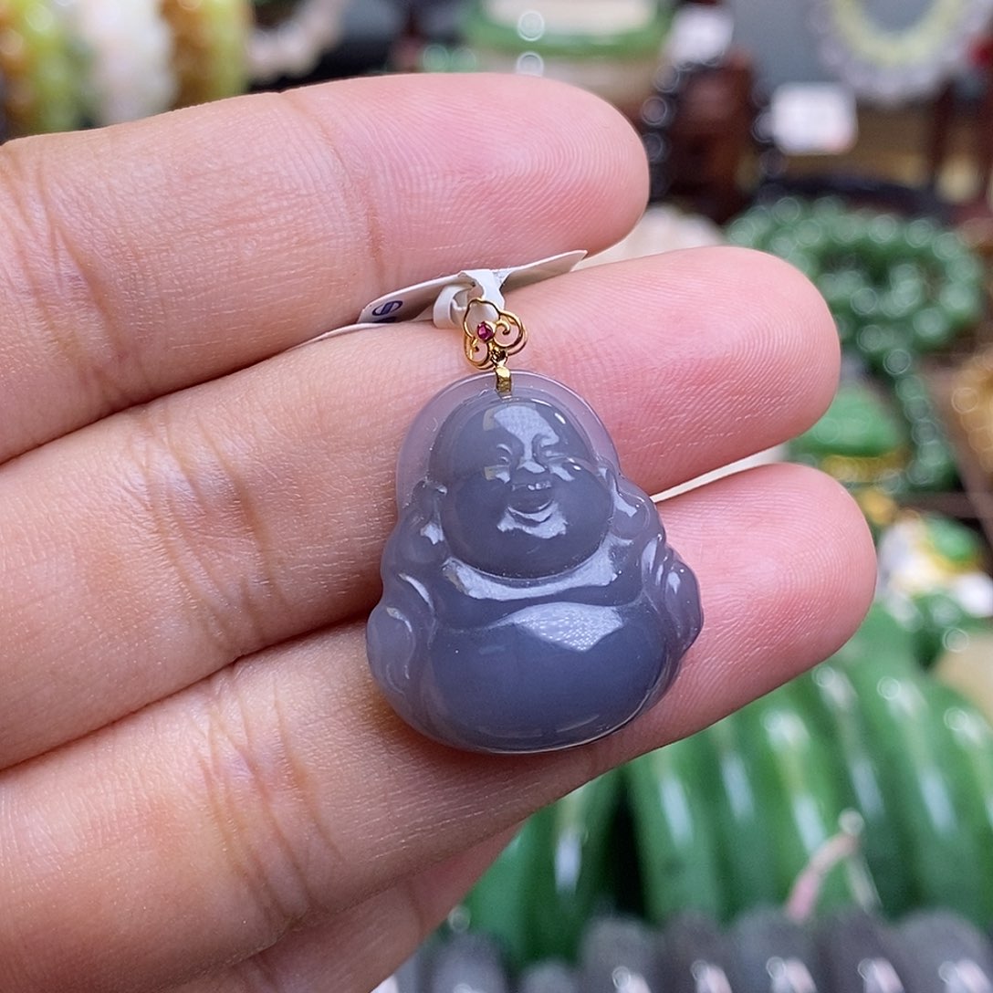 和田玉烟紫老矿料高冰浓紫金镶佛公吊坠未镶嵌糯*