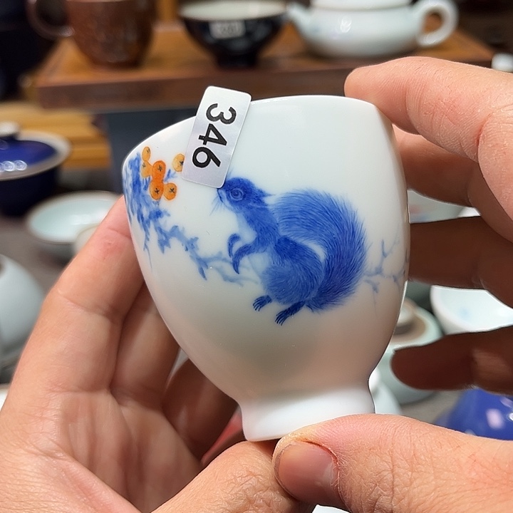 汝窑天真釉色青花杯子不开片