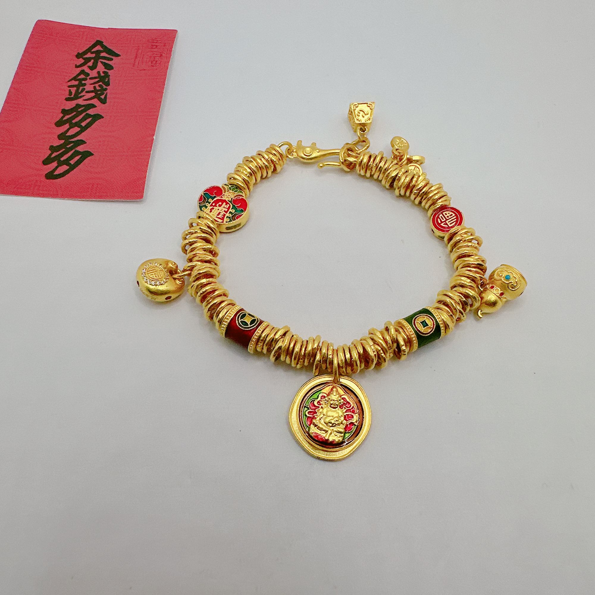 足金999黄金投资金卡五盘缠红绿桶手链 15手围 41.55克