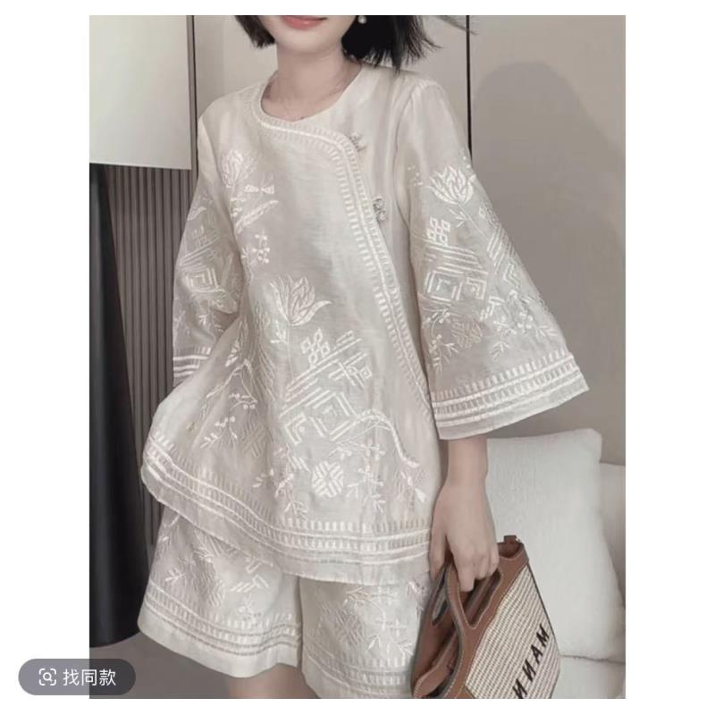 新中式夏季国风郁金香彩染多扣宽松夏季套装878