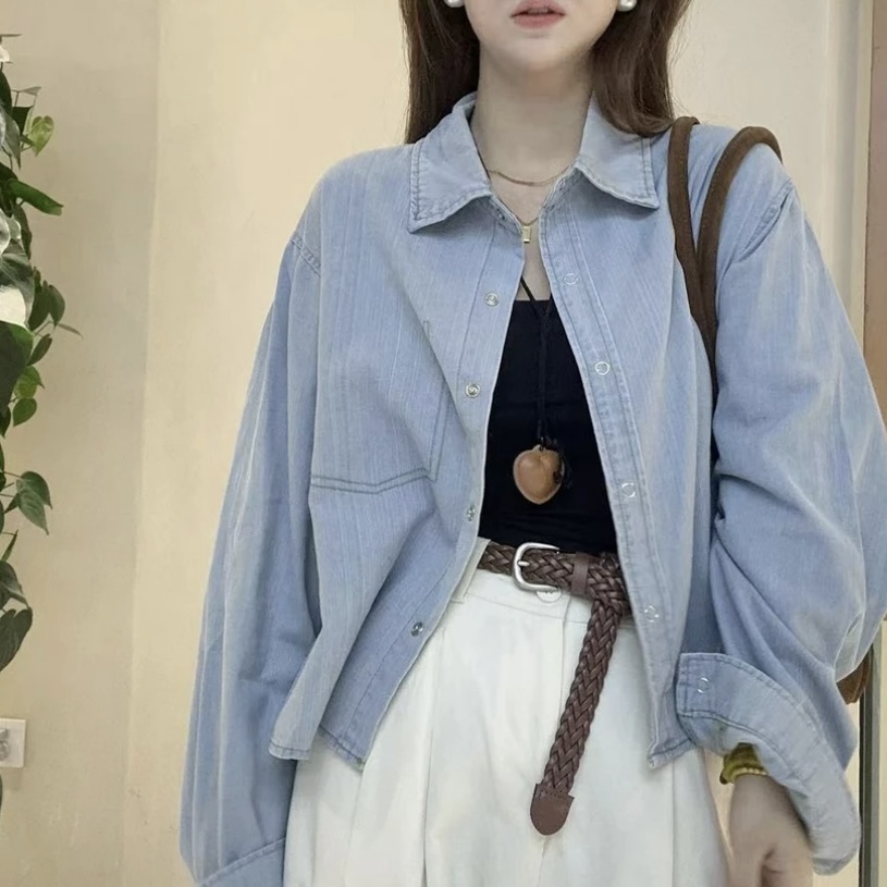 港风复古时尚衬衫女2025早秋休闲百搭别致气质长袖衬衣0911#0.1
