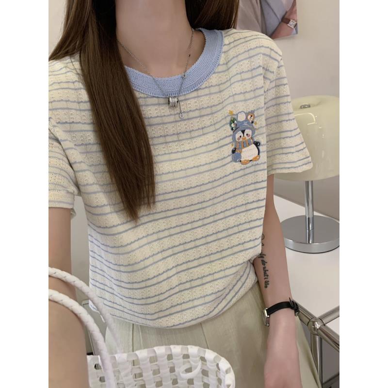 小慧 企鹅拼色领经典条纹正肩薄款休闲短袖T恤IR92