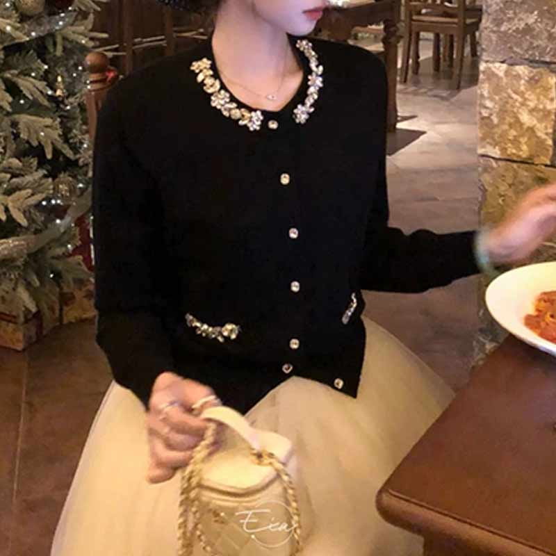 香朵儿【公主日记】气质千金镶钻毛织上衣重工气质高级小香风开衫