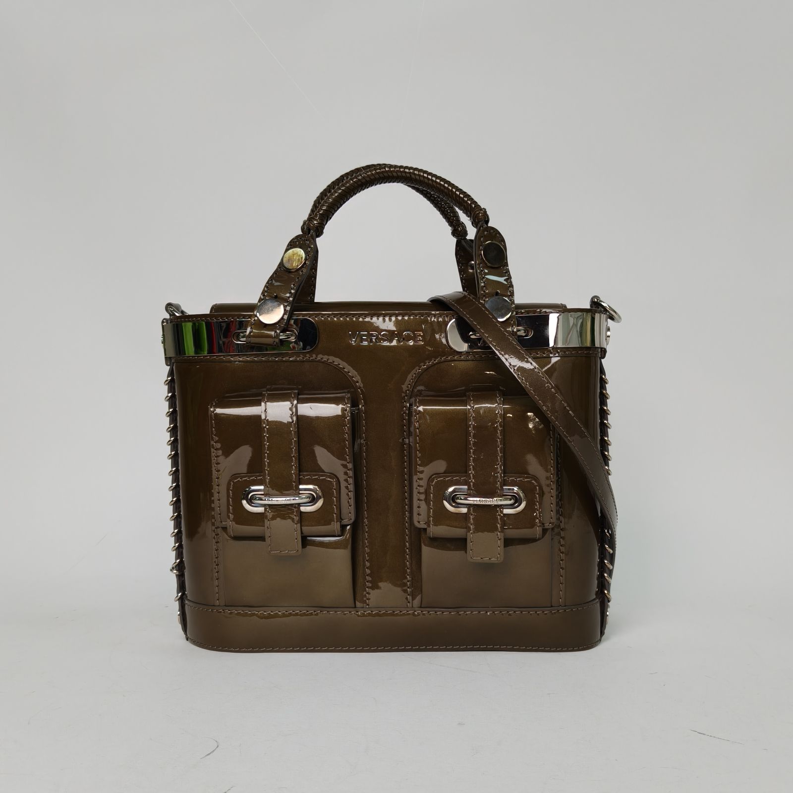 95新 VERSACE/范思哲 小花Jerry活动 绿色 漆皮 双口袋 手提包