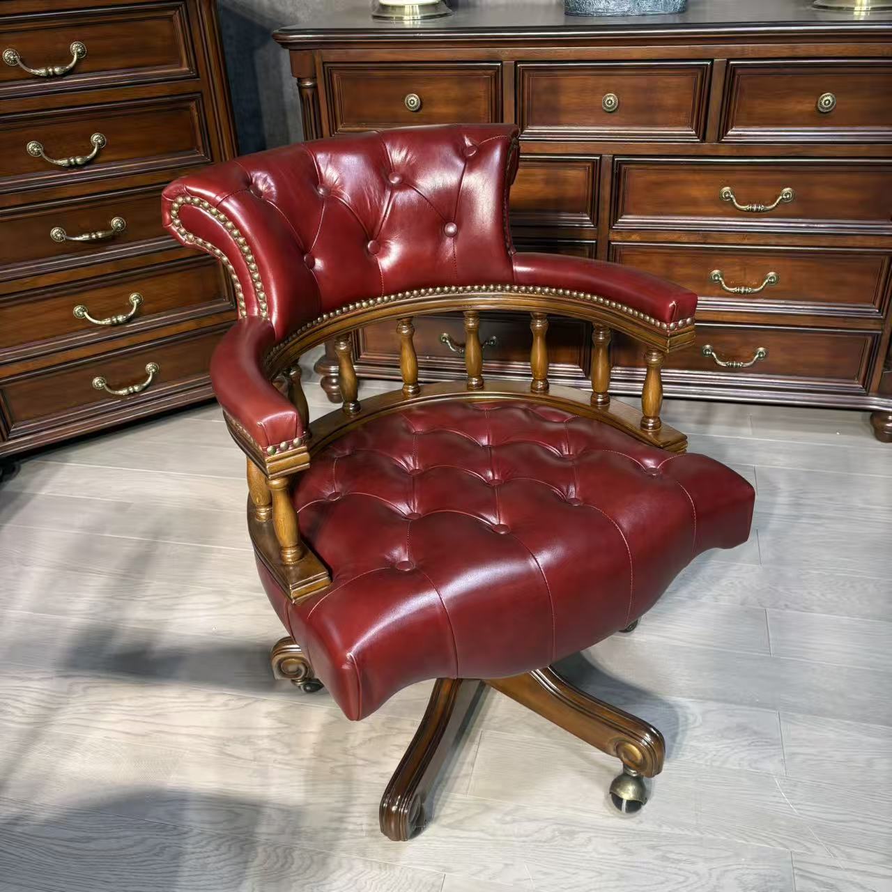 全真皮升降电脑椅子360度转移美式全实木欧式真皮办公椅